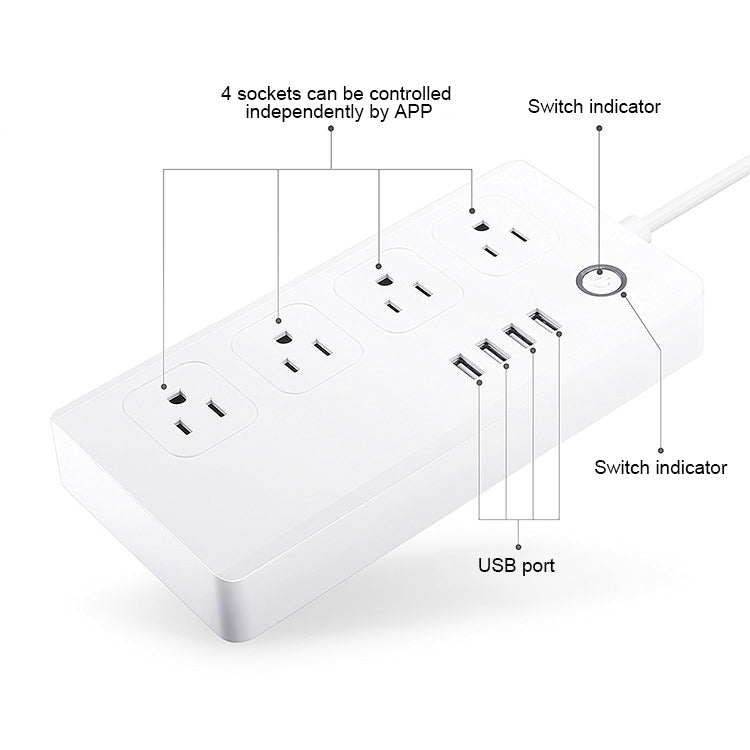 4 x USB Ports + 4 x US Plug Jack WiFi Remote Control Smart Power Socket Works with Alexa & Google Home, AC 110-240V, US Plug - Smart Socket by buy2fix | Online Shopping UK | buy2fix