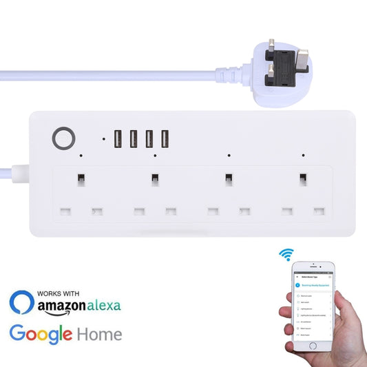 4 x USB Ports + 4 x UK Plug Jack 13A Max Output WiFi Remote Control Smart Power Socket Works with Alexa & Google Home, AC 100-240V, UK Plug - Smart Socket by buy2fix | Online Shopping UK | buy2fix