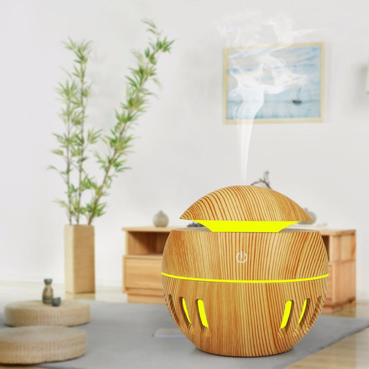 Wood Grain USB Hollowed-out Humidifier Seven Color Aromatherapy Lamp Automatic Alcohol Sprayer with Remote Control(Light Brown-3) - Air Purifiers & Accessories by buy2fix | Online Shopping UK | buy2fix