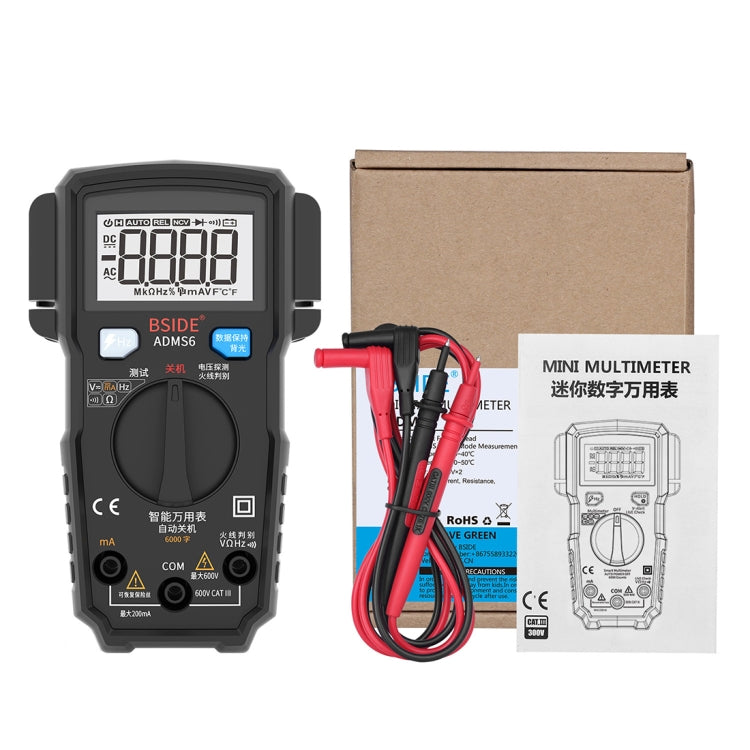 BSIDE ADMS6 High-precision Fully Automatic Small Digital Intelligent Multimeter with HD Digital Display & Shockproof Cover, Support Function Range Switch & Double-sided Pen Holder (Black) - Digital Multimeter by buy2fix | Online Shopping UK | buy2fix