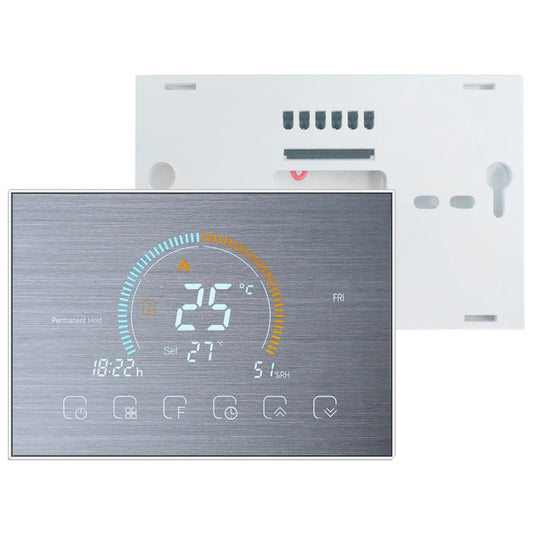 BHT-8000-GC-SS Brushed Stainless Steel Mirror Controlling Water/Gas Boiler Heating Energy-saving and Environmentally-friendly Smart Home Negative Display LCD Screen Round Room Thermostat without WiFi - Thermostat & Thermometer by buy2fix | Online Shopping UK | buy2fix