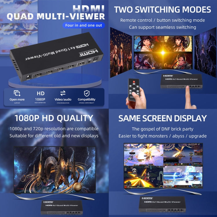 4 in 1 Out HDMI Quad Multi-viewer with Seamless Switcher, EU Plug - Switch by buy2fix | Online Shopping UK | buy2fix