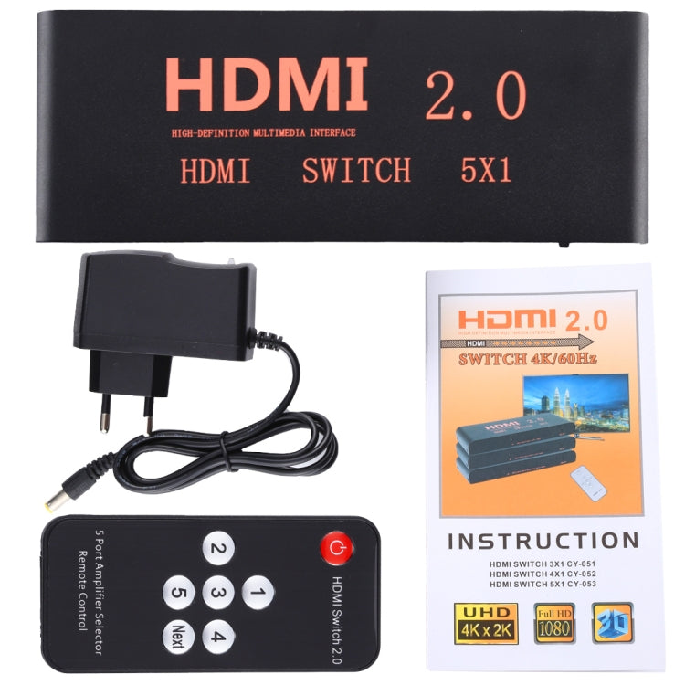 5X1 4K/60Hz HDMI 2.0 Switch with Remote Control, EU Plug by buy2fix