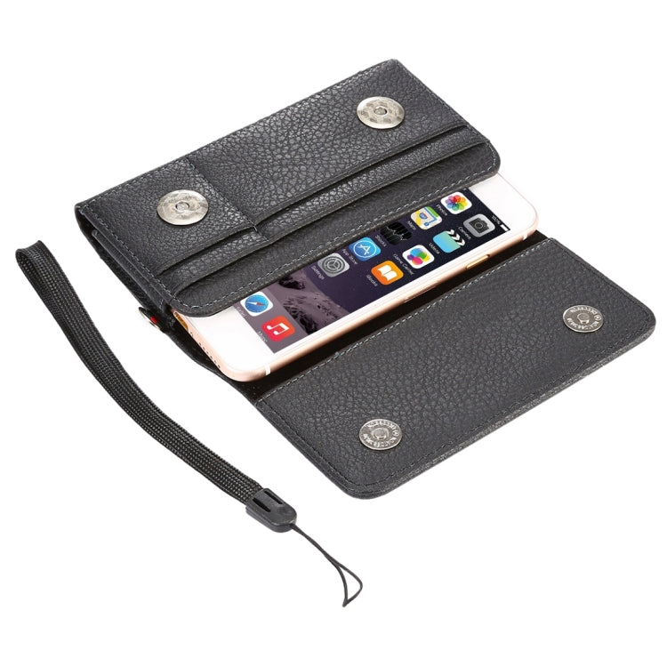 Universal Litchi Texture Vertical Flip Thwartwise PU Leather Case / Waist Bag with Back Splint & Card Slots & 15cm Lanyard for  iPhone 8 & 7  & 6s & 6, Galaxy SIV & SIII, Xiaomi Redmi 3 & 3X, Size: 14.3 x 7.5 x 1.5 cm(Black) - More iPhone Cases by buy2fix | Online Shopping UK | buy2fix