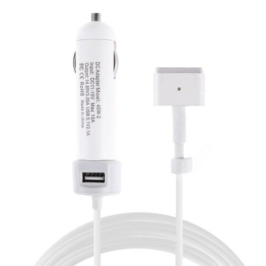 Chargeur de voiture à interface USB 45W-2 5,1 V 2,1 A avec câble de données d'interface MagSafe 2 14,85 V 3,05AT (blanc)