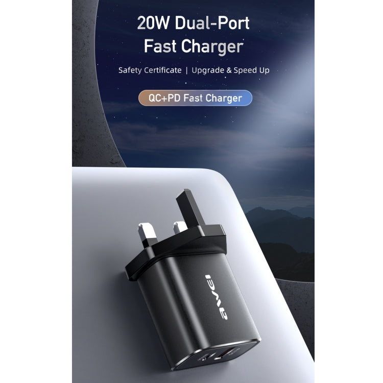 awei PD8 20W QC + PD Fast Charging Travel Charger Power Adapter, UK Plug (Black) - USB Charger by awei | Online Shopping UK | buy2fix