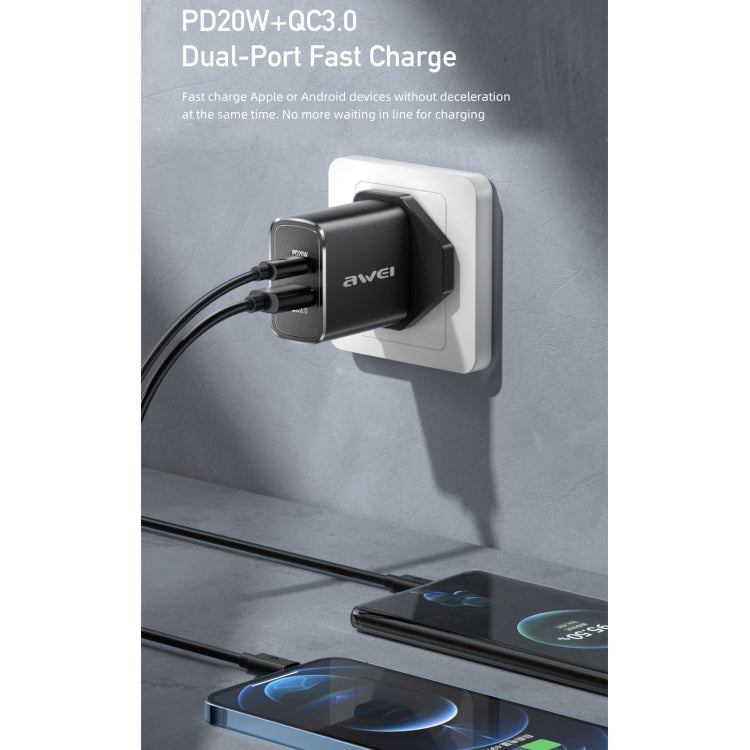 awei PD8 20W QC + PD Fast Charging Travel Charger Power Adapter, UK Plug (Black) - USB Charger by awei | Online Shopping UK | buy2fix