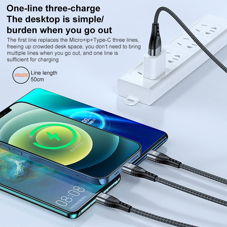 ADC-138 66W 3 in 1 USB to 8 Pin + Micro USB + USB-C / Type-C Fast Charging Braided Data Cable, Cable Length: 1.2m(Grey) by buy2fix