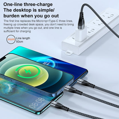 ADC-138 66W 3 in 1 USB to 8 Pin + Micro USB + USB-C / Type-C Fast Charging Braided Data Cable, Cable Length: 1.2m(Grey) by buy2fix