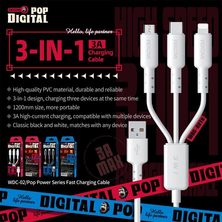 WEKOME WDC-02 Tidal Energy Series 3A USB to 8 Pin+Type-C+Micro USB 3 in 1 PVC Data Cable, Length: 1.2m (Black) - Multifunction Cable by WK | Online Shopping UK | buy2fix