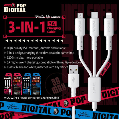 WEKOME WDC-02 Tidal Energy Series 3A USB to 8 Pin+Type-C+Micro USB 3 in 1 PVC Data Cable, Length: 1.2m (Black) - Multifunction Cable by WK | Online Shopping UK | buy2fix