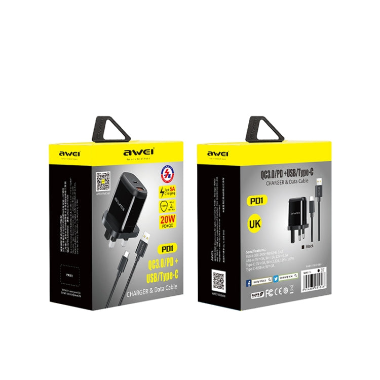 awei PD1 20W PD Type-C + QC 3.0 USB Interface Fast Charging Travel Charger with Data Cable, UK Plug - USB Charger by awei | Online Shopping UK | buy2fix
