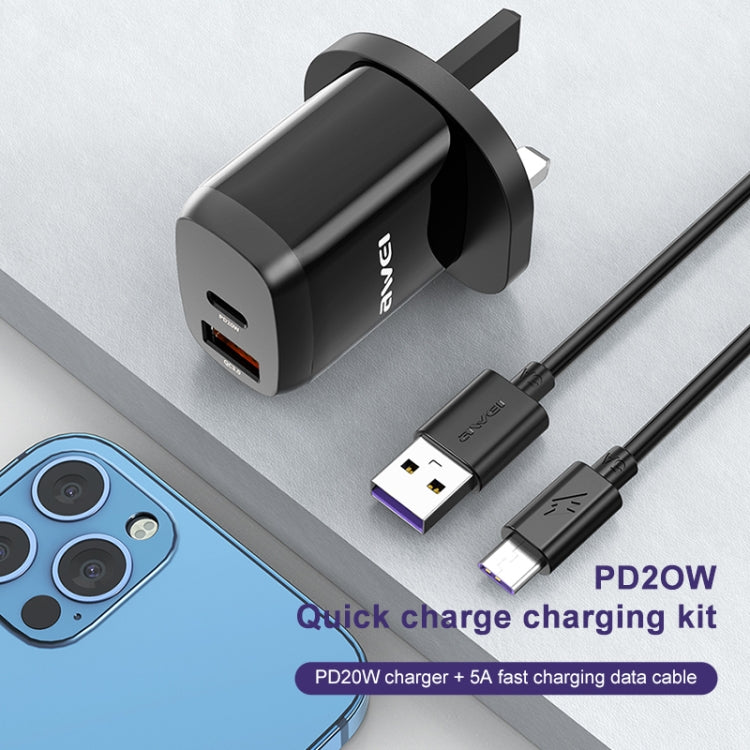 awei PD1 20W PD Type-C + QC 3.0 USB Interface Fast Charging Travel Charger with Data Cable, UK Plug - USB Charger by awei | Online Shopping UK | buy2fix