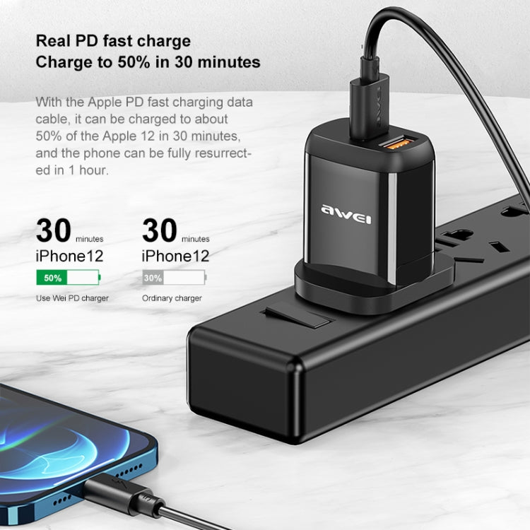 awei PD1 20W PD Type-C + QC 3.0 USB Interface Fast Charging Travel Charger with Data Cable, UK Plug - USB Charger by awei | Online Shopping UK | buy2fix