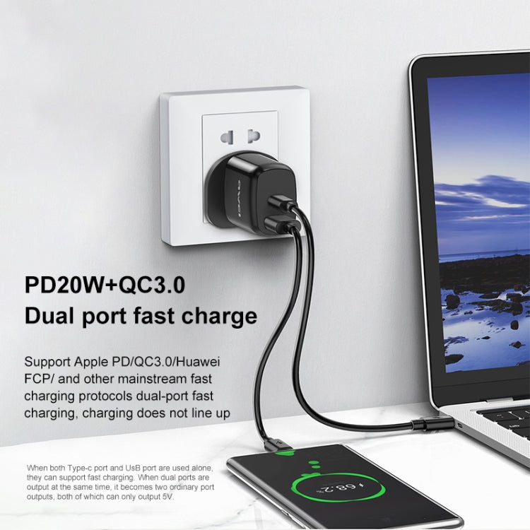 awei PD1 20W PD Type-C + QC 3.0 USB Interface Fast Charging Travel Charger with Data Cable, UK Plug - USB Charger by awei | Online Shopping UK | buy2fix