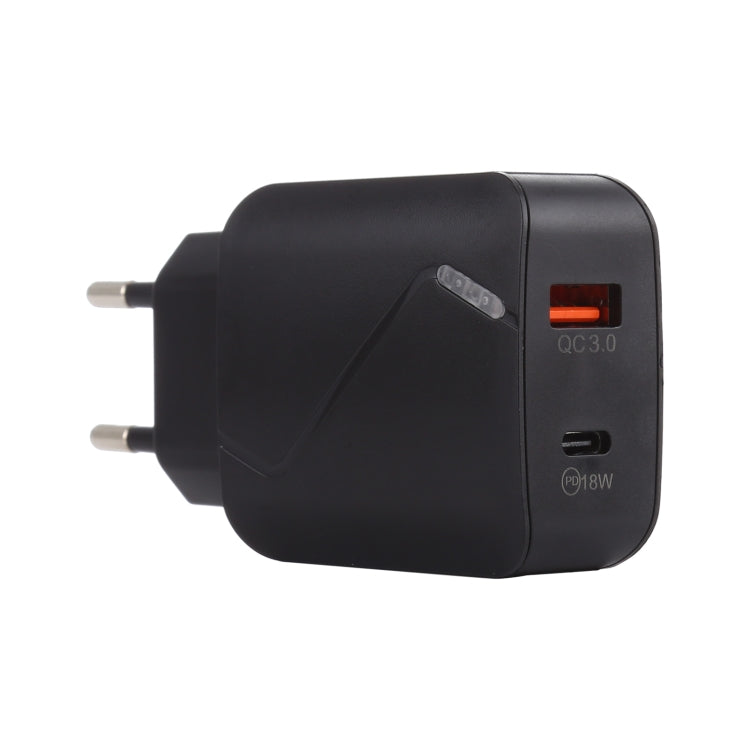 LZ-819A+C QC3.0 USB + PD 18W USB-C / Type-C Interfaces Travel Charger with Indicator Light, EU Plug (Black) - USB Charger by buy2fix | Online Shopping UK | buy2fix
