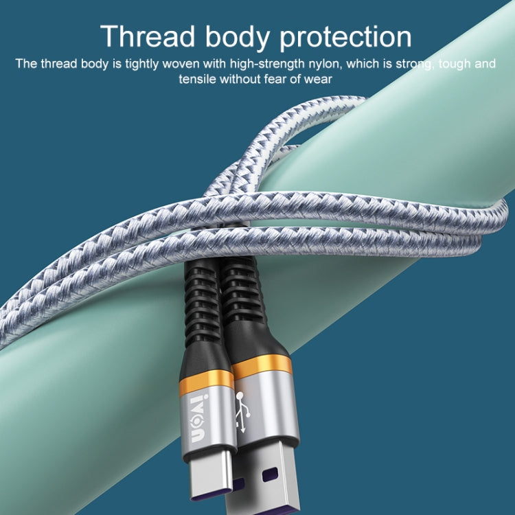 IVON CA79 5A Type-C / USB-C Aluminum Alloy Braided Fast Charging Data Cable for Huawei, Length: 1m (Silver Grey) - USB-C & Type-C Cable by IVON | Online Shopping UK | buy2fix