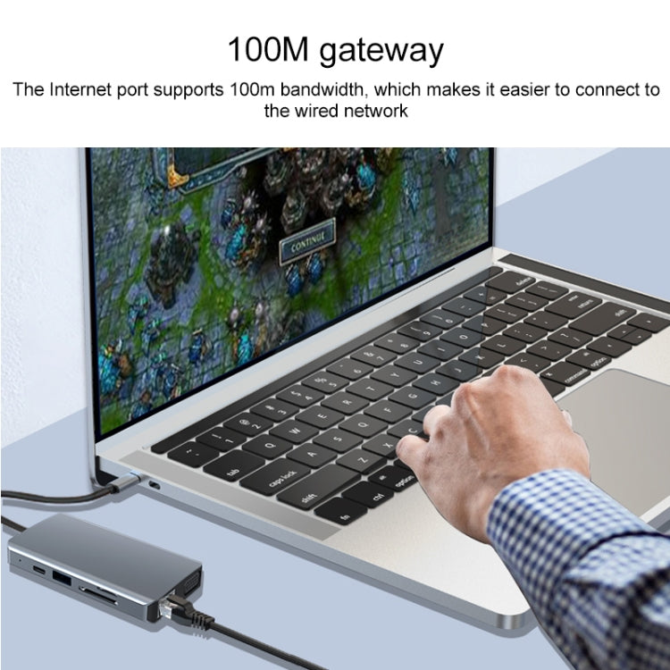 9 in 1 RJ45 + 100W PD + SD/TF + USBx2 + HDMI + VGA + 3.5mm AUX to Type-C HUB Adapter by buy2fix