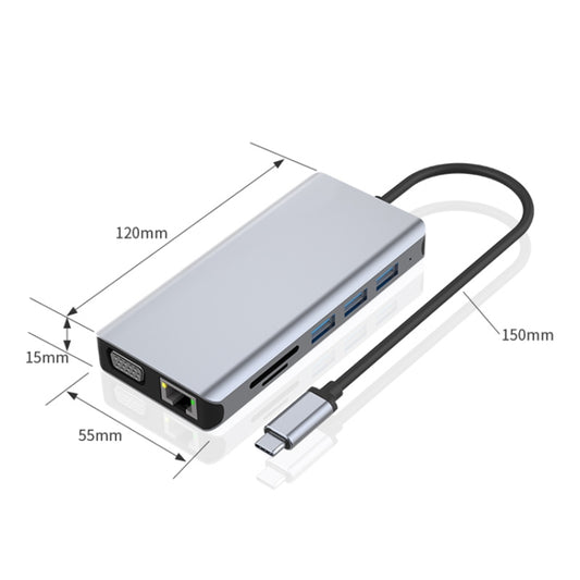 12 in 1 RJ45 + 100W PD + SD/TF + USB3.0x5+ HDMI + VGA + 3.5mm AUX to Type-C HUB Adapter by buy2fix