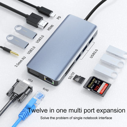 12 in 1 RJ45 + 100W PD + SD/TF + USB3.0x5+ HDMI + VGA + 3.5mm AUX to Type-C HUB Adapter by buy2fix