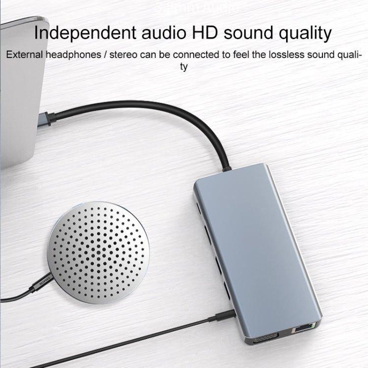 12 in 1 RJ45 + 100W PD + SD/TF + USB3.0x5+ HDMI + VGA + 3.5mm AUX to Type-C HUB Adapter by buy2fix