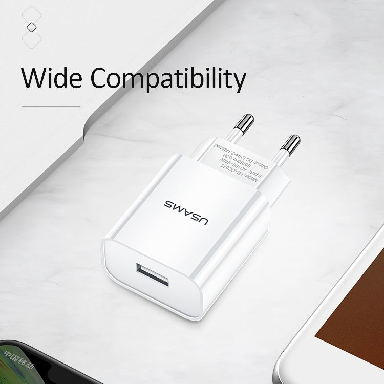 USAMS US-CC075 T18 2.1A Single USB Travel Charger, EU Plug (White) - USB Charger by USAMS | Online Shopping UK | buy2fix
