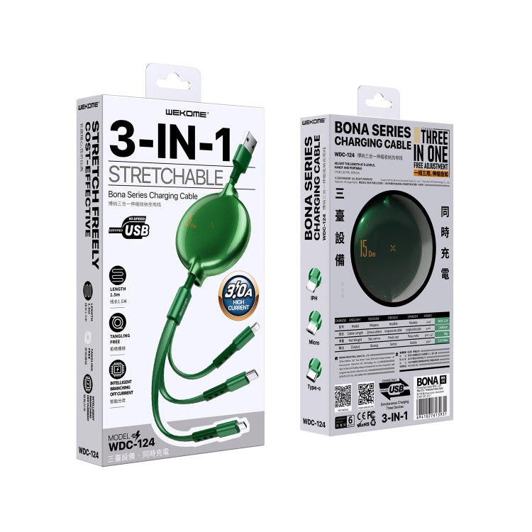 WK WDC-124 3A 3 In 1 8 Pin + Type-C / USB-C + Micro USB Bona Series Telescopic Charging Data Cable, Length: 1.5m (Green) - Multifunction Cable by WK | Online Shopping UK | buy2fix