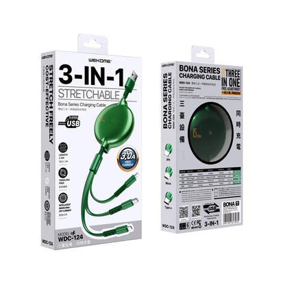 WK WDC-124 3A 3 In 1 8 Pin + Type-C / USB-C + Micro USB Bona Series Telescopic Charging Data Cable, Length: 1.5m (Green) - Multifunction Cable by WK | Online Shopping UK | buy2fix