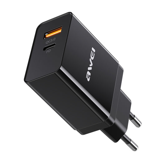 awei C-980 18W PD USB-C / Type-C + QC 3.0 USB Interface Fast Charging Travel Charger, EU Plug(Black) by awei