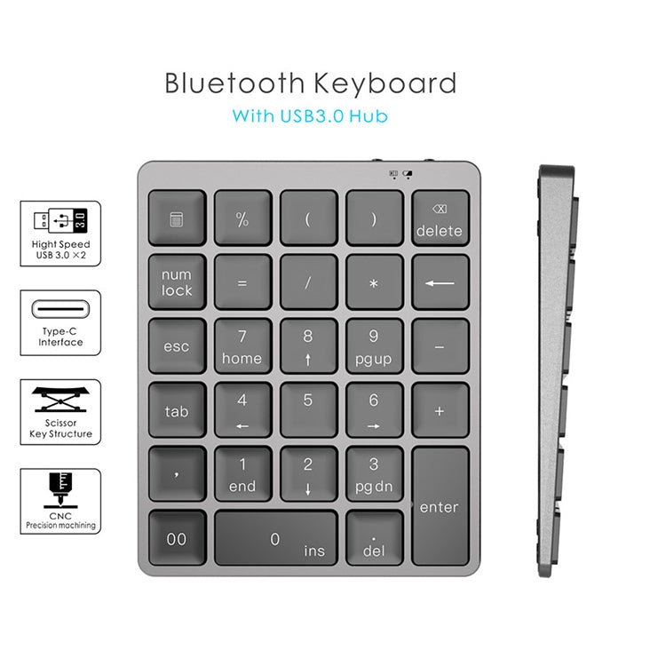 N970 Pro Dual Modes Aluminum Alloy Rechargeable Wireless Bluetooth Numeric Keyboard with USB HUB (Grey) by buy2fix