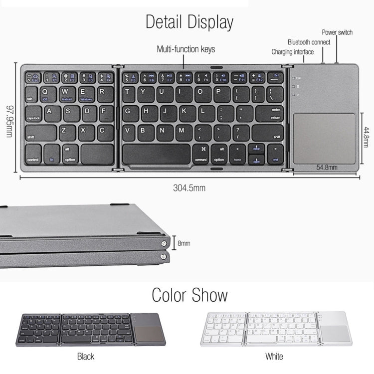 B033 Rechargeable 3-Folding 64 Keys Bluetooth Wireless Keyboard with Touchpad(Silver) by buy2fix