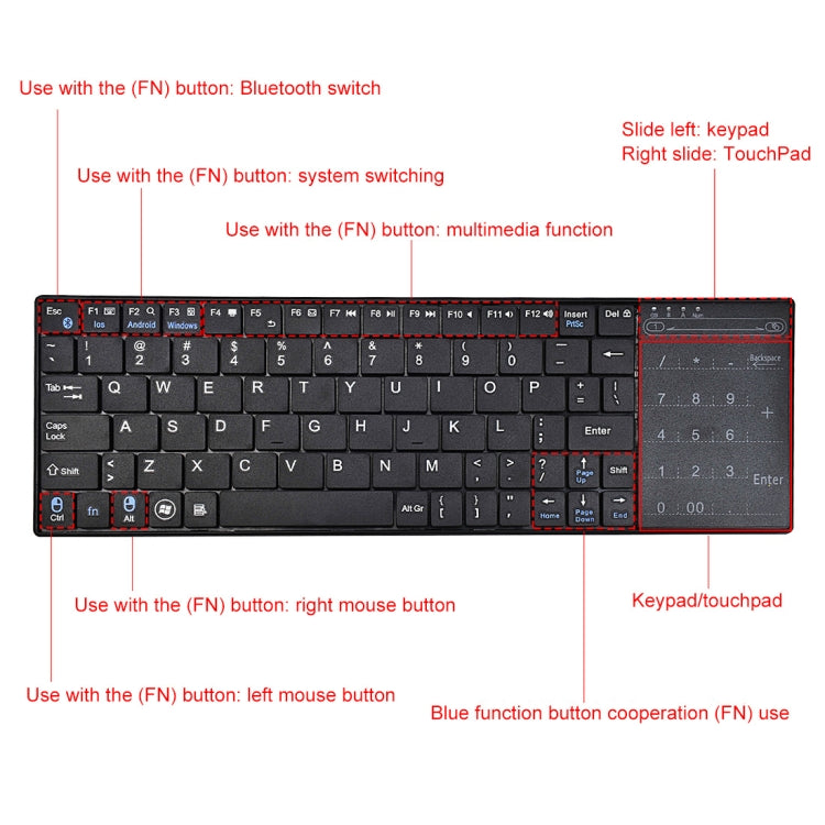 K-07 ABS Wireless Chargeable Bluetooth Touch Keyboard(Black) by buy2fix