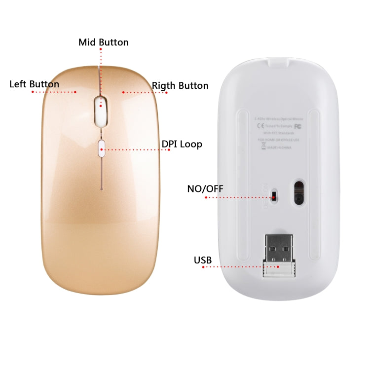 HXSJ M80 2.4GHz Wireless 1600DPI Three-speed Adjustable Optical Mute Mouse (Gold) - Wireless Mice by HXSJ | Online Shopping UK | buy2fix