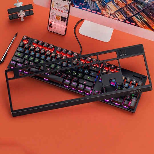 YINDIAO K300 USB panneau détachable éclairage mécanique arbre bleu clavier filaire de jeu (noir)