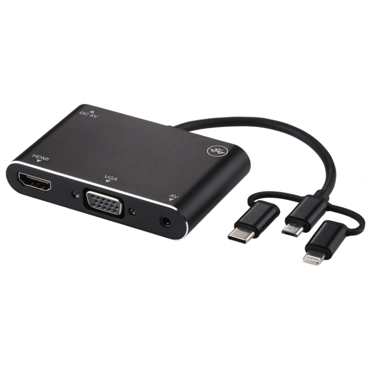 3 in 1 8 Pin + Micro USB + Type-C to AV + HDMI + VGA 15 Pin HD Screen Player Adapter Converter with Audio by buy2fix