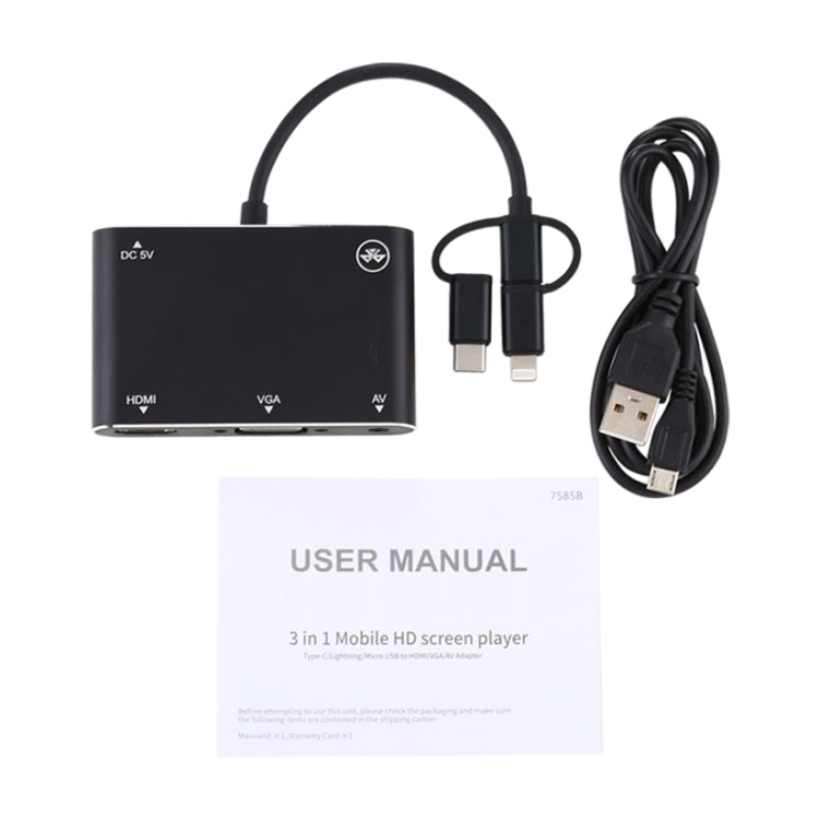3 in 1 8 Pin + Micro USB + Type-C to AV + HDMI + VGA 15 Pin HD Screen Player Adapter Converter with Audio by buy2fix