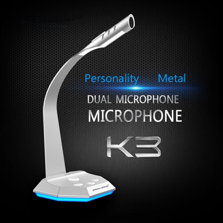 K3 Desktop Omnidirectional USB Wired Dual Mic Condenser Microphone with LED Night Light, Compatible with PC / Mac for Live Broadcast, Show, KTV, etc(Silver) - Microphone by buy2fix | Online Shopping UK | buy2fix