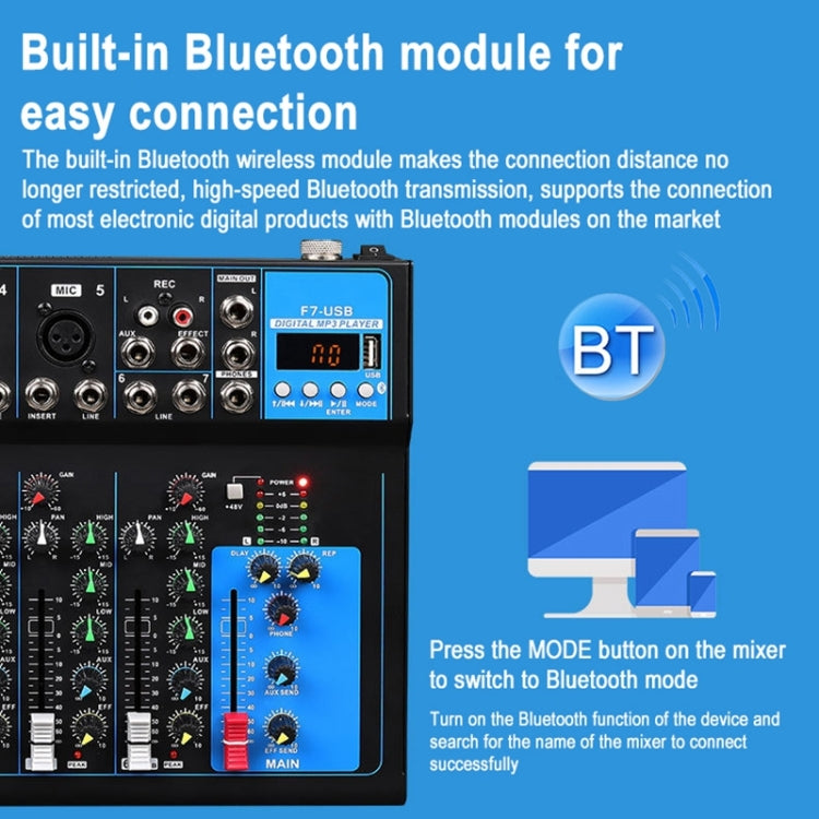 F7 Home 7-channel Bluetooth USB Reverb Mixer, EU Plug(Black) - Live Sound Effects Processors by buy2fix | Online Shopping UK | buy2fix