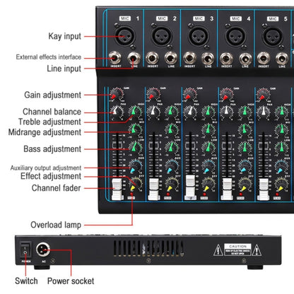 F7 Home 7-channel Bluetooth USB Reverb Mixer, EU Plug(Black) - Live Sound Effects Processors by buy2fix | Online Shopping UK | buy2fix