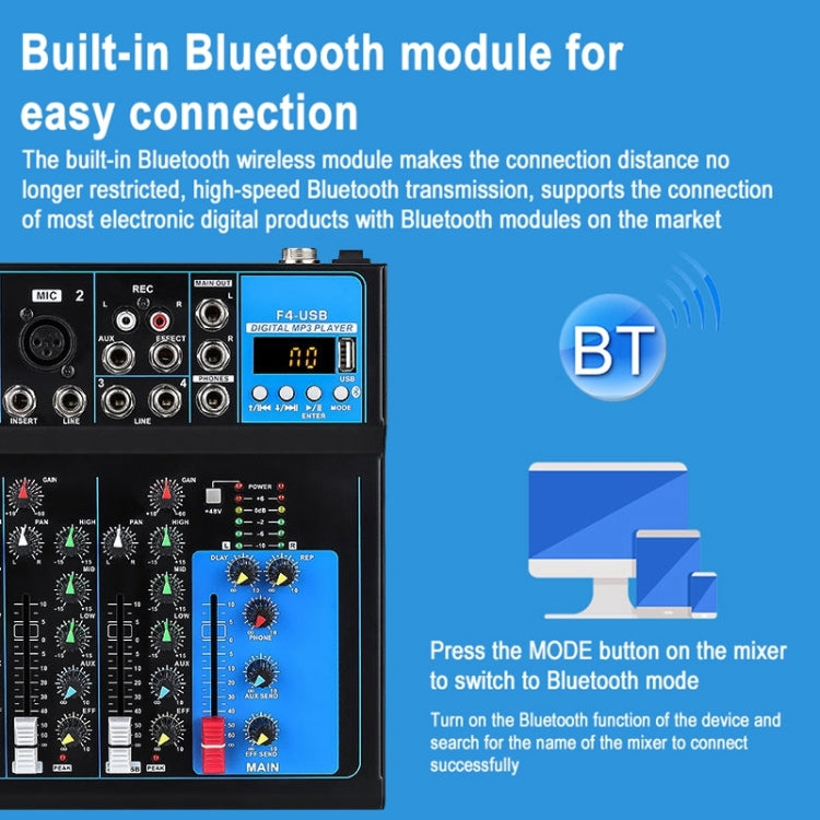 F4 Home 4-channel Bluetooth USB Reverb Mixer, US Plug (Black) - Live Sound Effects Processors by buy2fix | Online Shopping UK | buy2fix