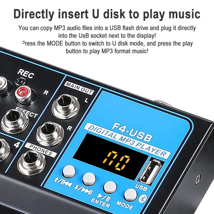 F4 Home 4-channel Bluetooth USB Reverb Mixer, EU Plug (Black) - Live Sound Effects Processors by buy2fix | Online Shopping UK | buy2fix