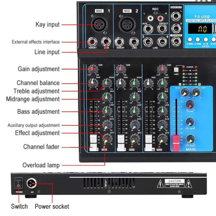 F4 Home 4-channel Bluetooth USB Reverb Mixer, EU Plug (Black) - Live Sound Effects Processors by buy2fix | Online Shopping UK | buy2fix