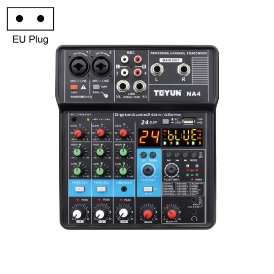 TEYUN NA4 4-channel Small Mixing Console Mobile Phone Sound Card Live Broadcast Computer Recording Console Processor, EU Plug(Black)