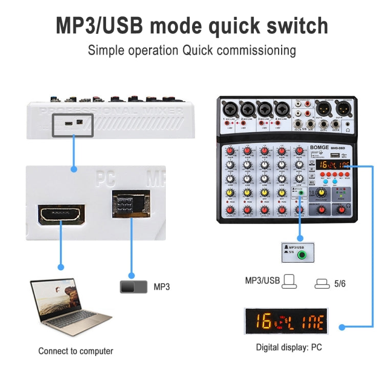 BMG-06D 6-channel Live Mixer Mobile Phone Bluetooth Sound Card Digital 16DSP Reverb Effect, EU Plug(White) - Live Sound Effects Processors by buy2fix | Online Shopping UK | buy2fix