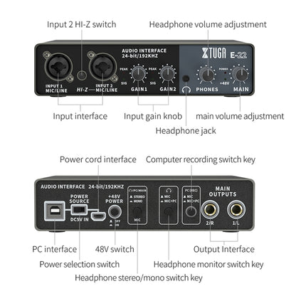 XTUGA E22 Audio Interface Professional Sound Card - Live Sound Effects Processors by XTUGA | Online Shopping UK | buy2fix
