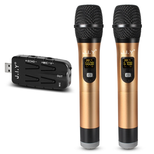 J.I.Y 2 in 1 K Song Wireless Microphones for TV PC with Audio Card USB Receiver and LED Display (Gold) - Microphone by buy2fix | Online Shopping UK | buy2fix