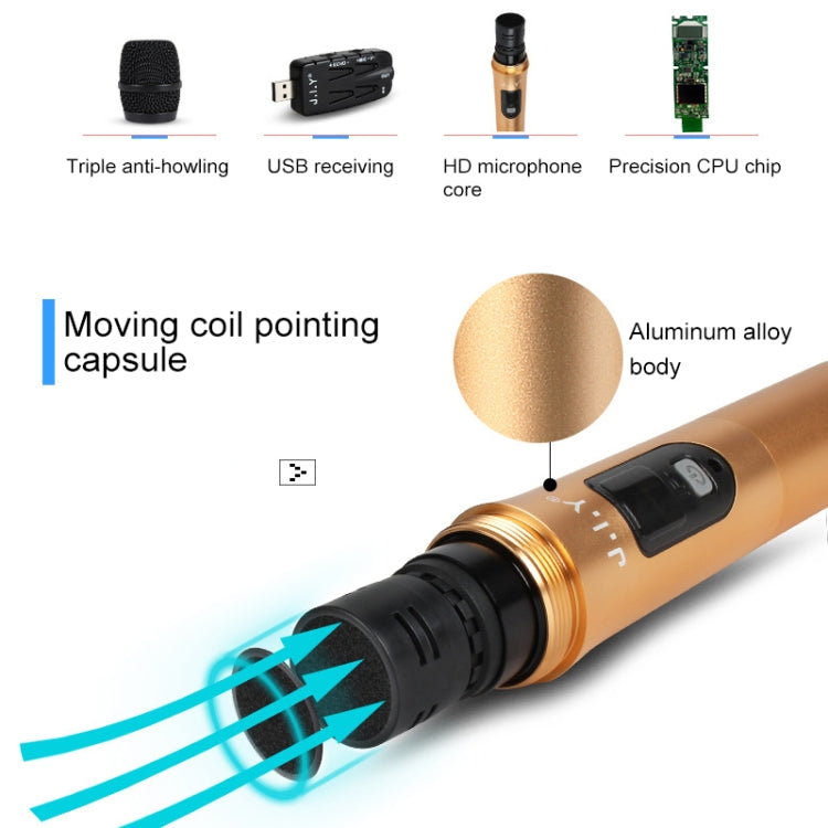 J.I.Y 2 in 1 K Song Wireless Microphones for TV PC with Audio Card USB Receiver and LED Display (Gold) - Microphone by buy2fix | Online Shopping UK | buy2fix