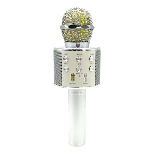 WS-858 Microphone sans fil Bluetooth pour enregistrement de karaoké KTV portable en métal de haute qualité sonore, pour ordinateur portable, PC, haut-parleur, casque, iPad, iPhone, Galaxy, Huawei, Xiaomi, LG, HTC et autres téléphones intelligents (argent)