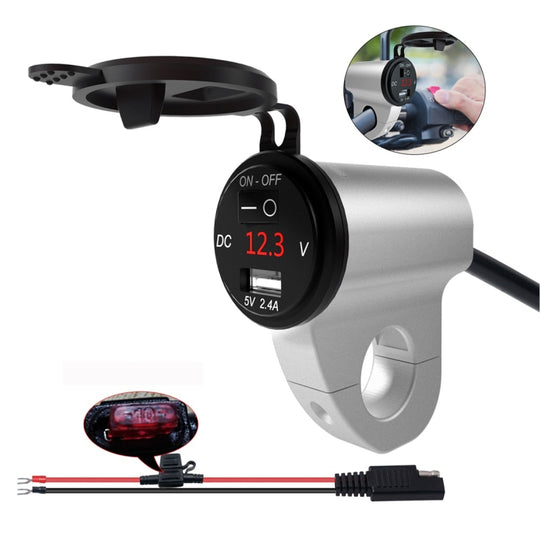 Chargeur USB simple étanche pour téléphone portable en alliage d'aluminium pour moto ZH-975A1 avec voltmètre rouge (argent)