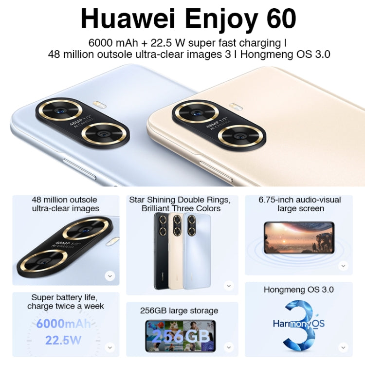 Huawei Enjoy 60 256GB MGA-AL40, 48MP Cameras, China Version, Dual Back Cameras, Face ID & Side Fingerprint Identification, 6000mAh Battery, 6.75 inch HarmonyOS 3.0 Octa Core, Network: 4G, OTG, Not Support Google Play(Gold) by Huawei